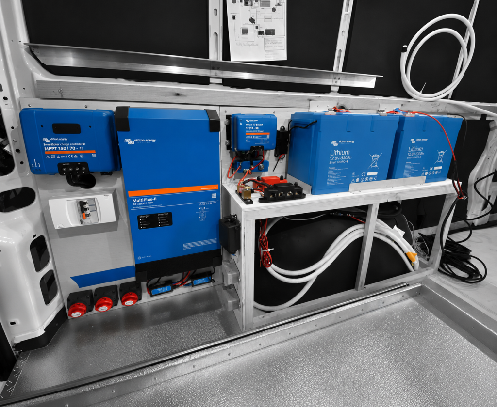 Installation électrique Victron (MultiPlus, MPPT, batteries lithium) dans un van aménagé par Vanatipik