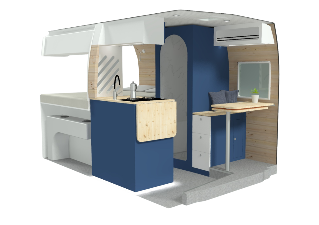 Vue 3D de l'aménagement intérieur Vanatipik MODÈLE ONE : cuisine, banquette et lit